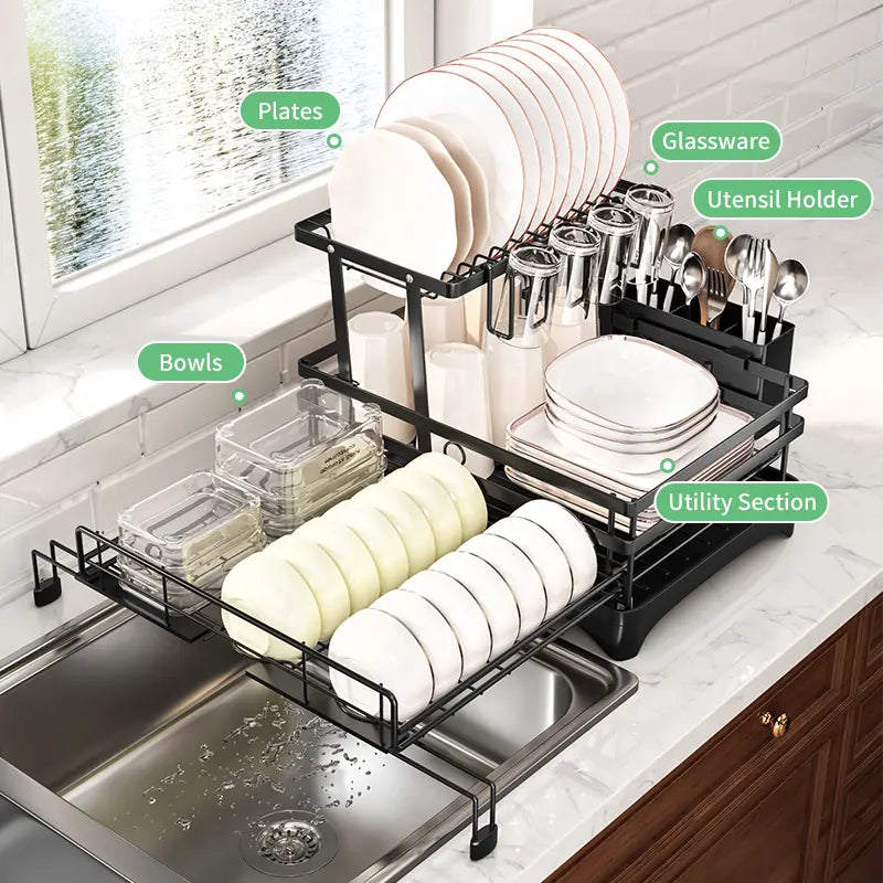 Space-Saving Over Sink Dish Drying Rack – Foldable 2-Tier Pull-Out Drainer with Utensil Holder