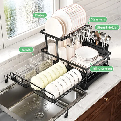Space-Saving Over Sink Dish Drying Rack – Foldable 2-Tier Pull-Out Drainer with Utensil Holder