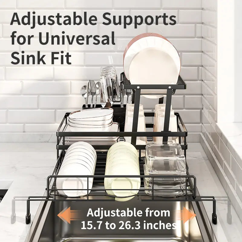 Space-Saving Over Sink Dish Drying Rack – Foldable 2-Tier Pull-Out Drainer with Utensil Holder