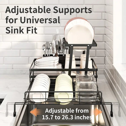 Space-Saving Over Sink Dish Drying Rack – Foldable 2-Tier Pull-Out Drainer with Utensil Holder