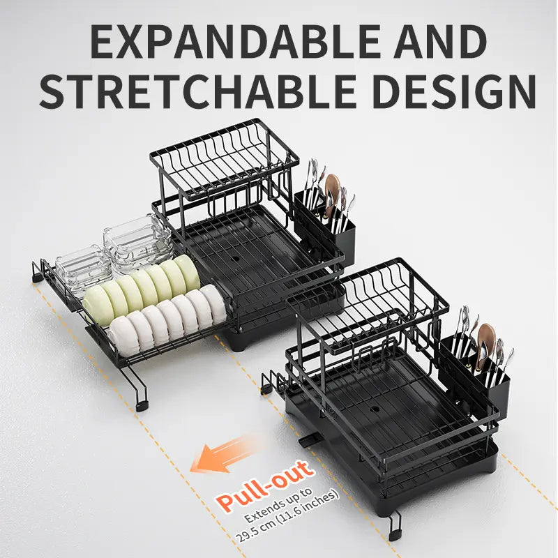 Space-Saving Over Sink Dish Drying Rack – Foldable 2-Tier Pull-Out Drainer with Utensil Holder
