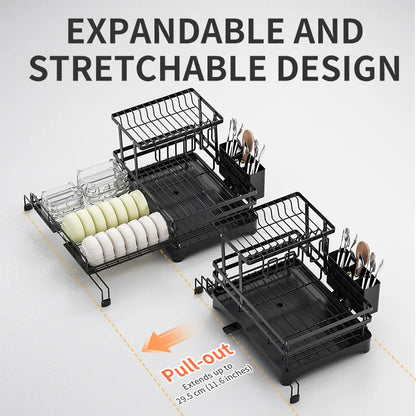 Space-Saving Over Sink Dish Drying Rack – Foldable 2-Tier Pull-Out Drainer with Utensil Holder