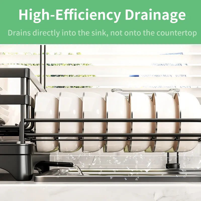 Space-Saving Over Sink Dish Drying Rack – Foldable 2-Tier Pull-Out Drainer with Utensil Holder