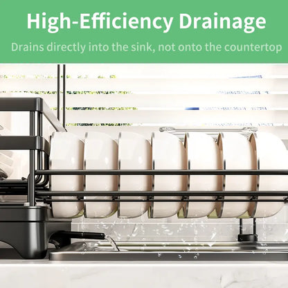 Space-Saving Over Sink Dish Drying Rack – Foldable 2-Tier Pull-Out Drainer with Utensil Holder