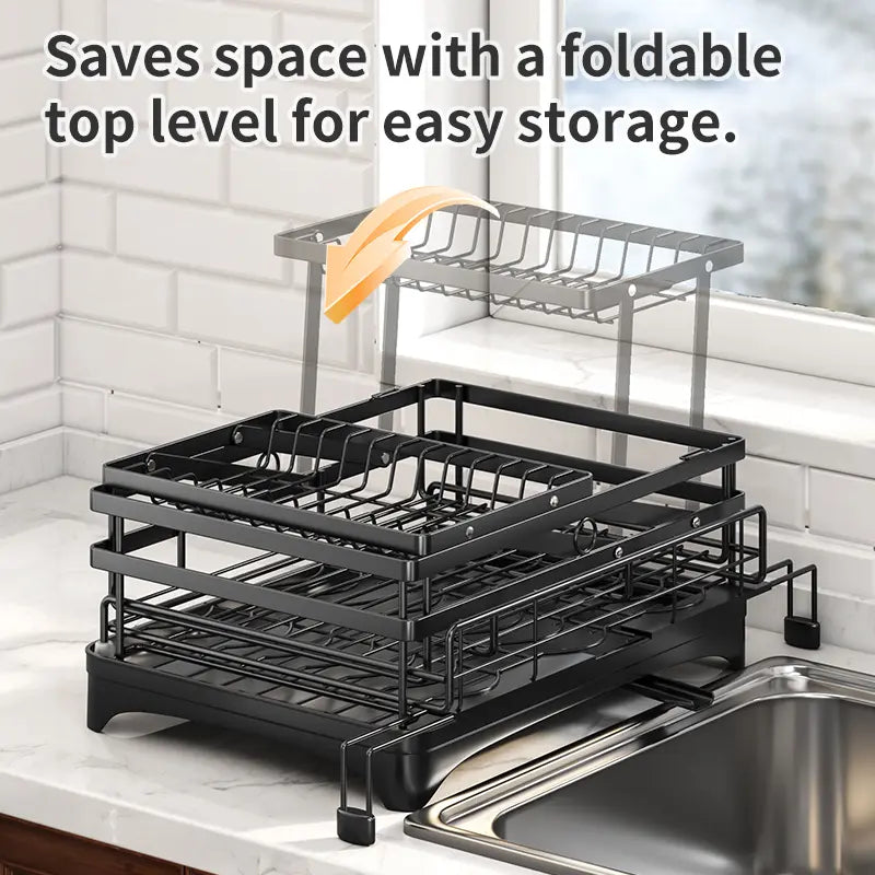Space-Saving Over Sink Dish Drying Rack – Foldable 2-Tier Pull-Out Drainer with Utensil Holder