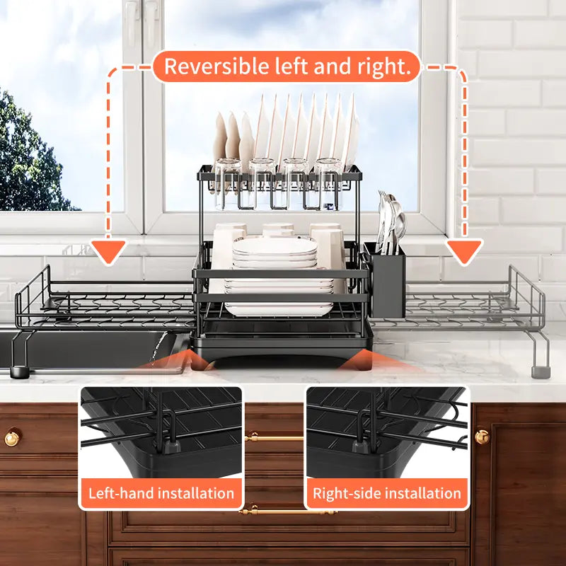Space-Saving Over Sink Dish Drying Rack – Foldable 2-Tier Pull-Out Drainer with Utensil Holder