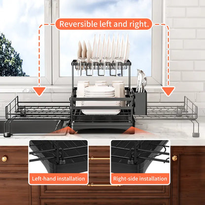 Space-Saving Over Sink Dish Drying Rack – Foldable 2-Tier Pull-Out Drainer with Utensil Holder