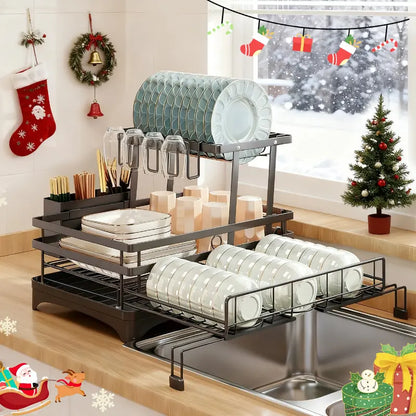 Space-Saving Over Sink Dish Drying Rack – Foldable 2-Tier Pull-Out Drainer with Utensil Holder
